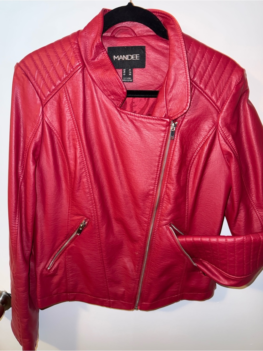 Mandee Red Faux Leather Moto Jacket with Quilted Shoulders